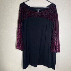 AnyWear Catherines Tunic Top 3X Black Burgundy Floral Velvet Burnout Stretch
